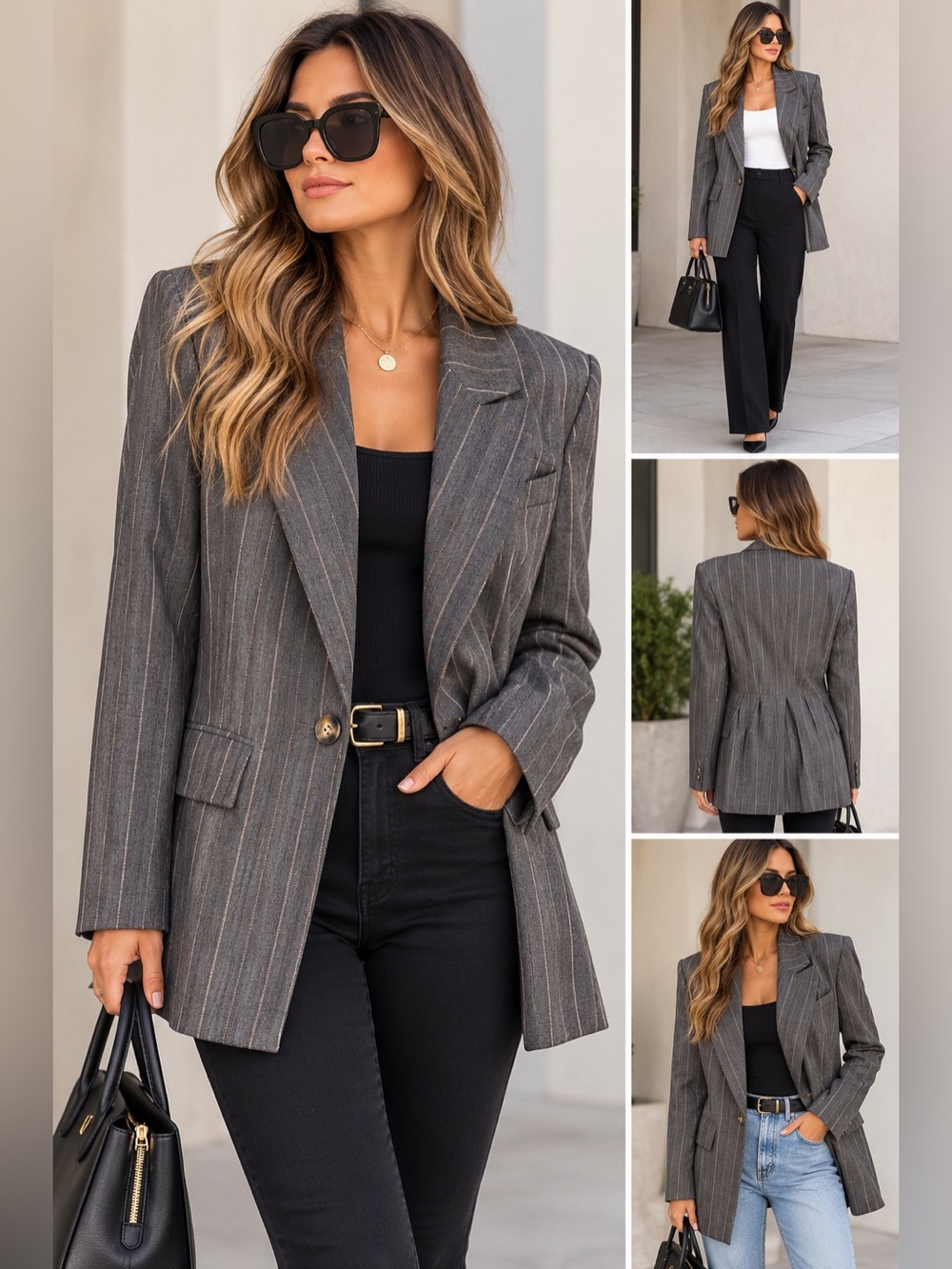 FREE PEOPLE CHARLOTTE Women's
Medium Charcoal Gray Striped
Button Blazer NWT
